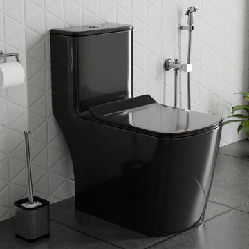 InArt cera single piece commode in black ceramic square one piece western toilet, front view