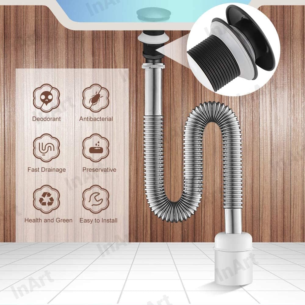 Table top wash basin waste coupling black, InArt round pop-up brass waste for modern bathroom interior