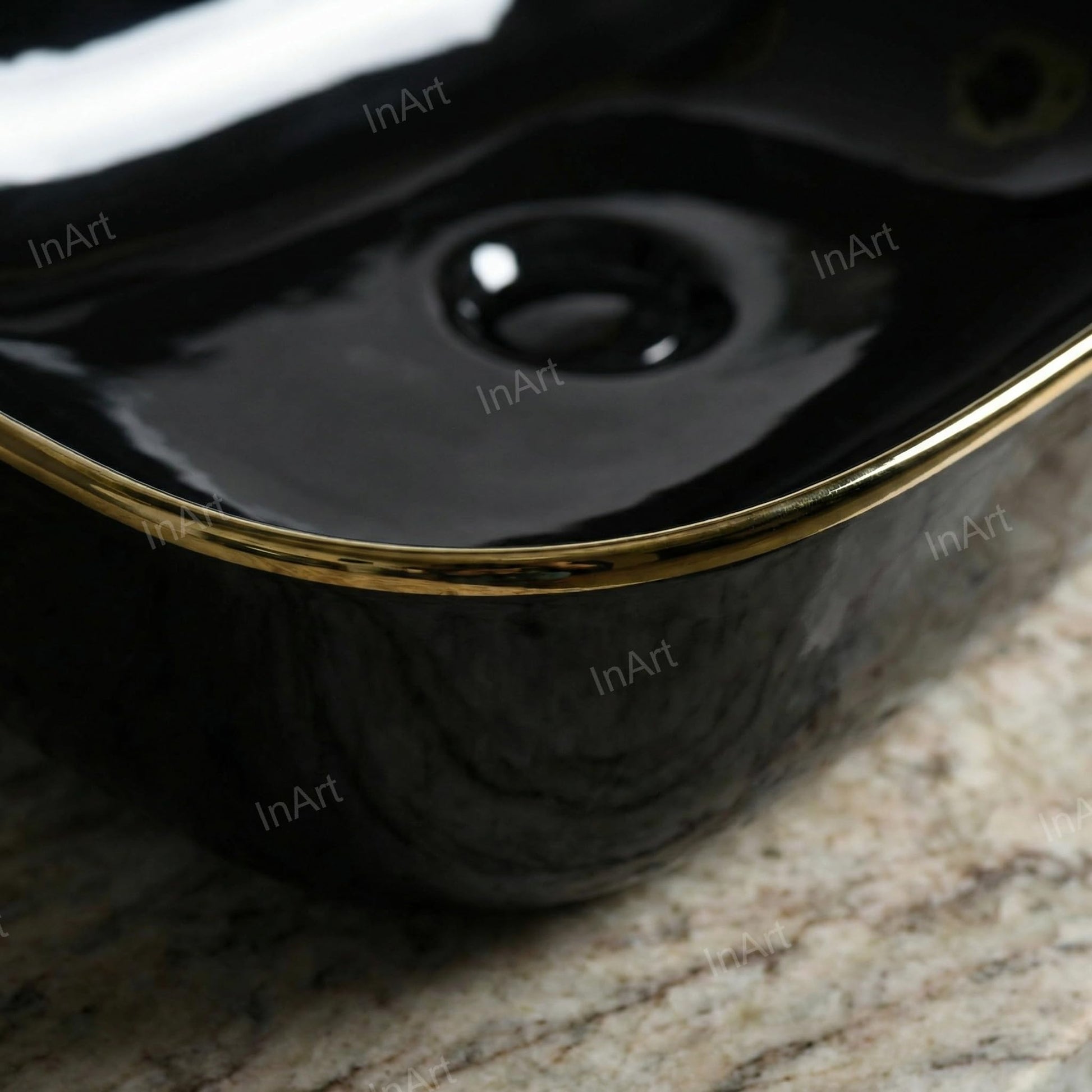 18 inch table top wash basin in black gold, counter top ceramic basin with glossy finish, top view