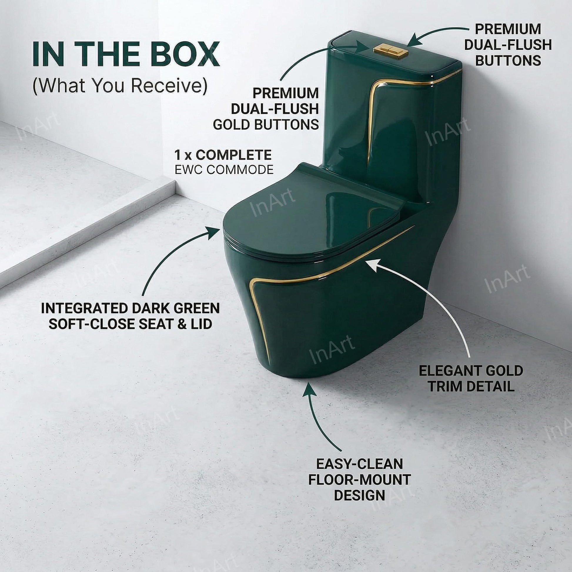 InArt premium sanitaryware green floor mounted EWC in modern Indian bathroom setting with concealed S trap