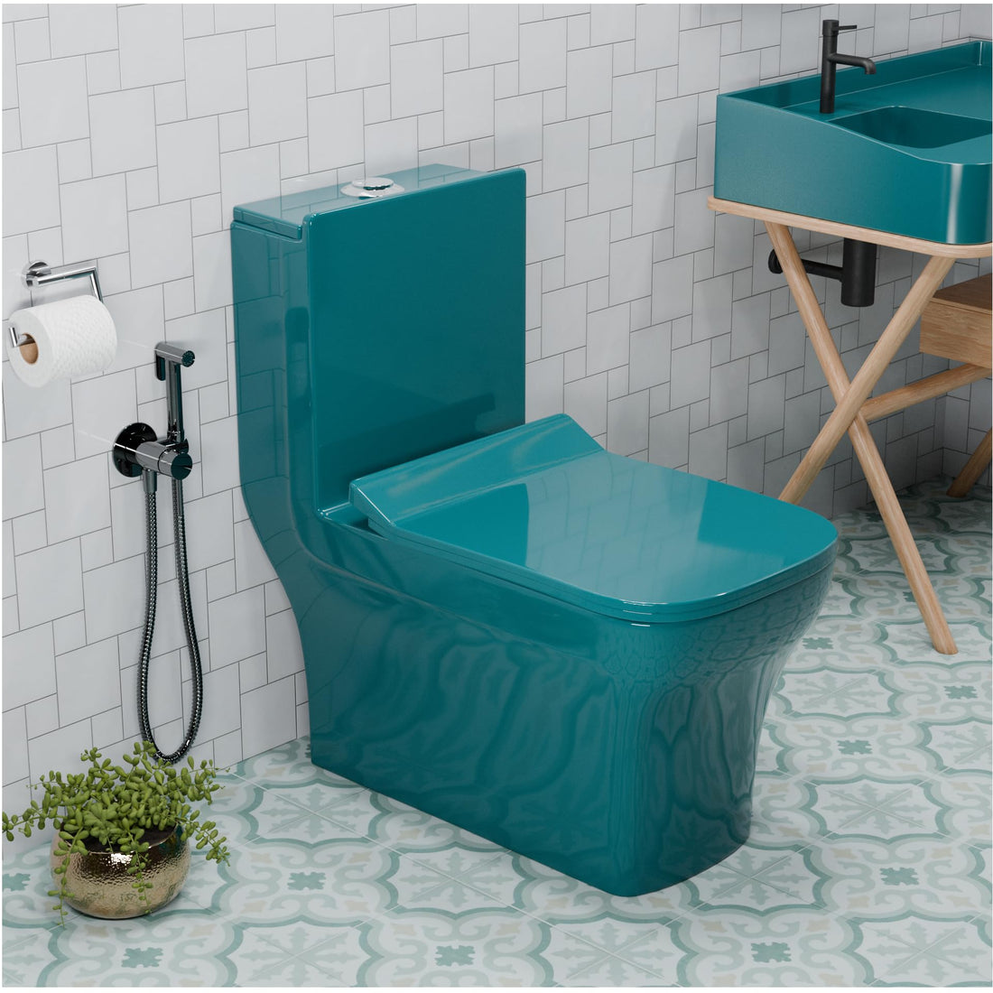 InArt single piece western toilet in green ceramic, rectangular floor mounted commode with soft close seat
