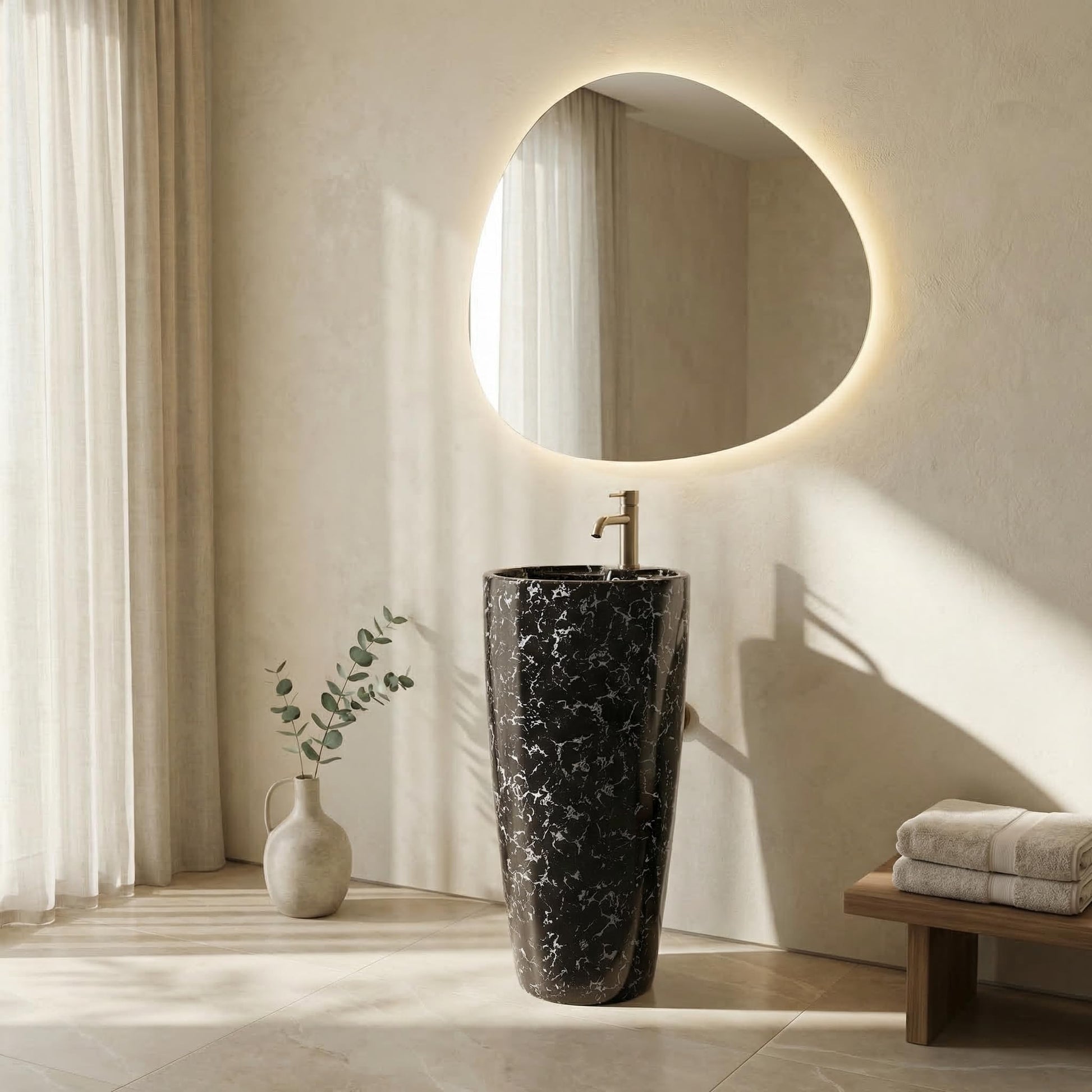 InArt black marble wash basin with free standing pedestal base, ceramic round basin, rear view