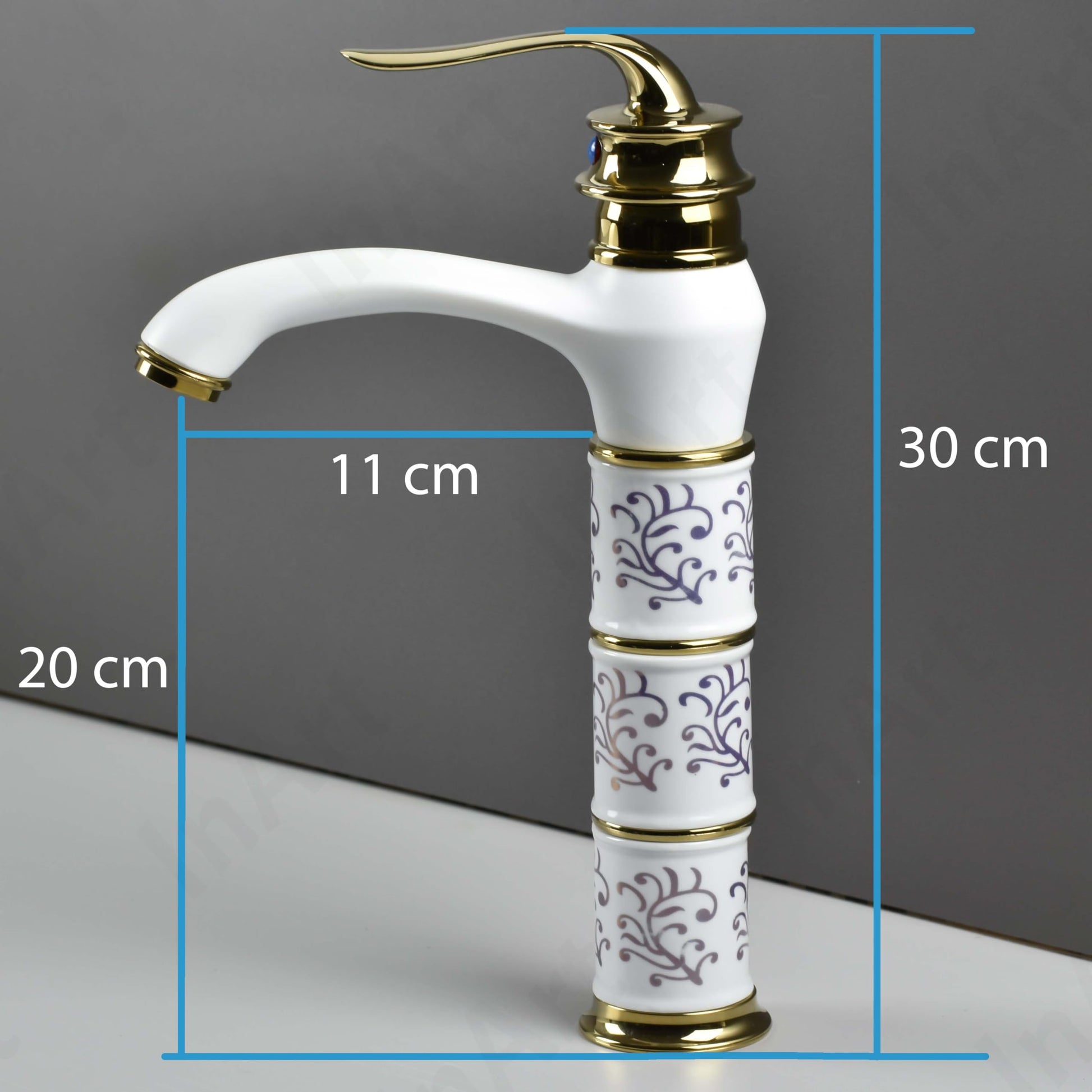 InArt designer taps for wash basin, antique white gold waterfall single lever basin tap, 3/4 angle view