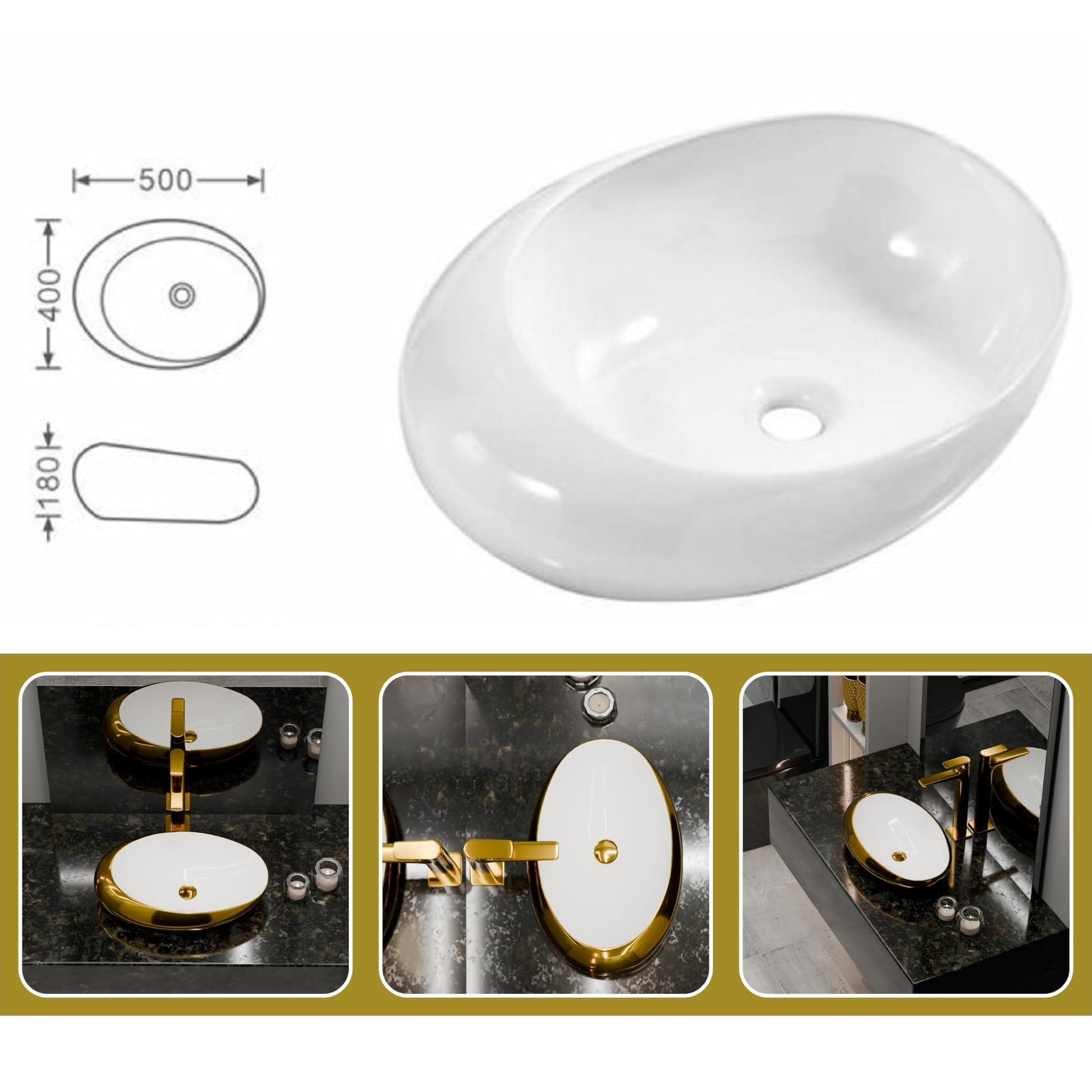 InArt table top wash basin design for bathroom vanity, oval white-gold basin on counter setting