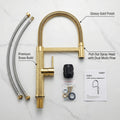 Sprayer kitchen faucet in gold finish, high arc spring neck pull out tap for kitchen sink, side angle view