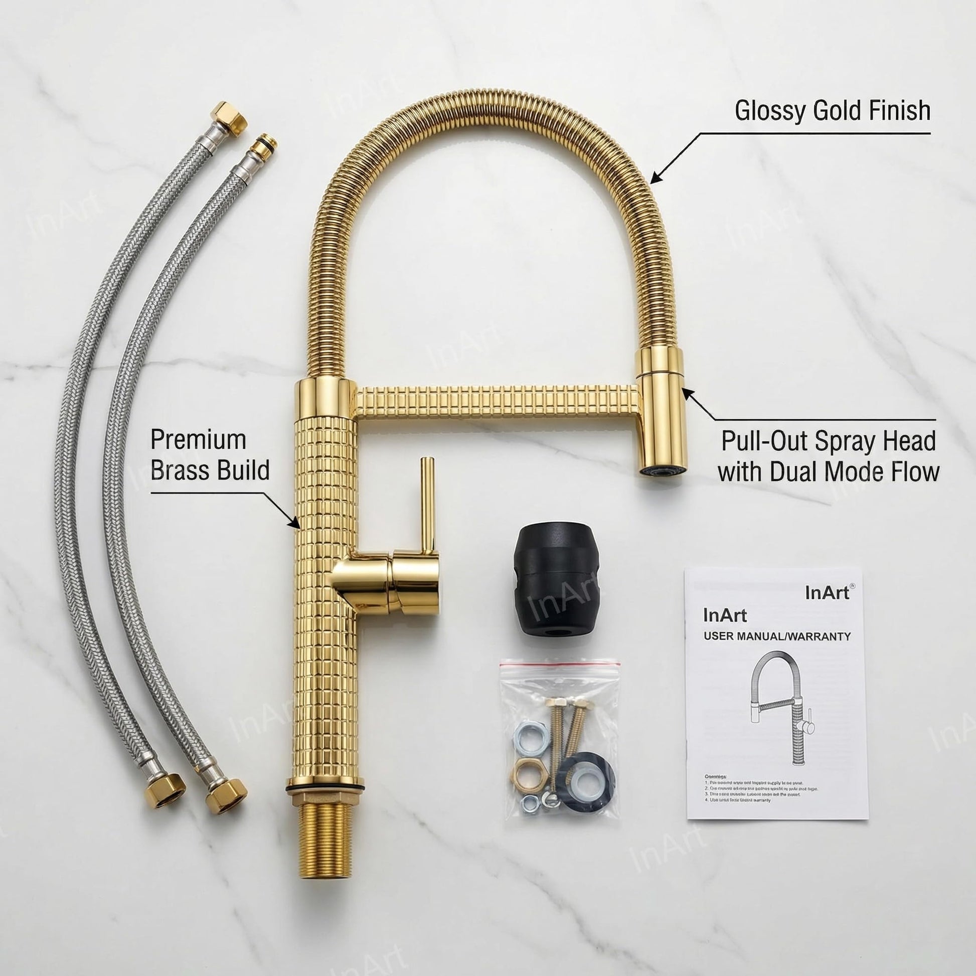 Sprayer kitchen faucet in gold finish, high arc spring neck pull out tap for kitchen sink, side angle view