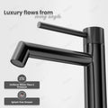 High neck pillar cock for table top basin, angled view of long neck gun grey tap with smooth SS 304 body