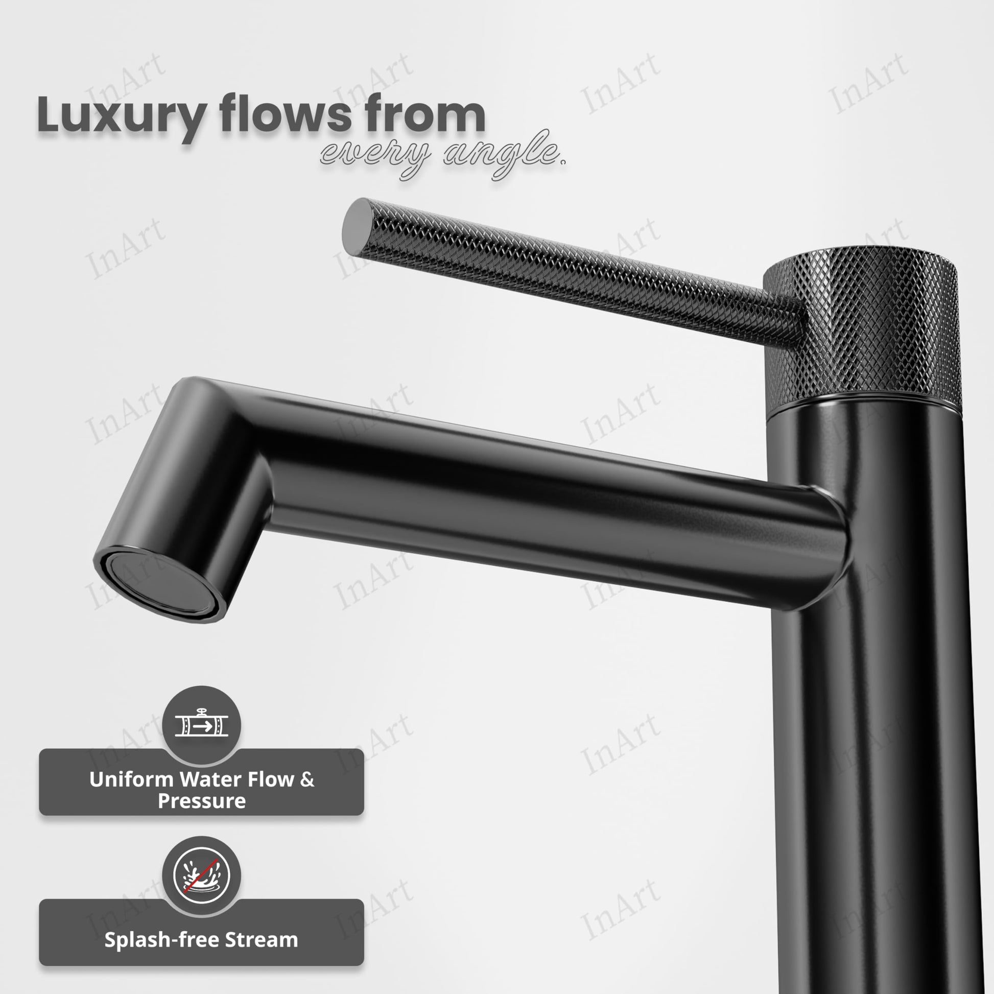 High neck pillar cock for table top basin, angled view of long neck gun grey tap with smooth SS 304 body