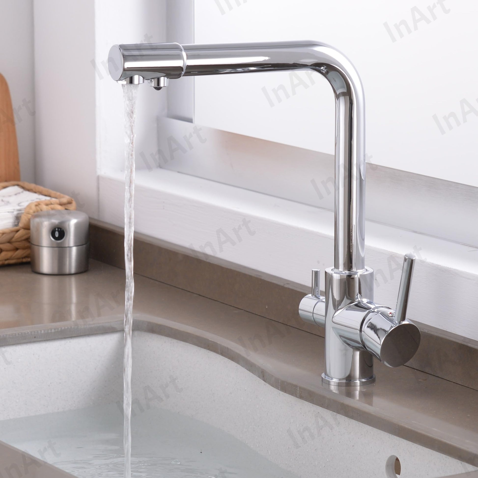 Deck mounted swan neck kitchen tap base and fittings, chrome brass construction for easy installation