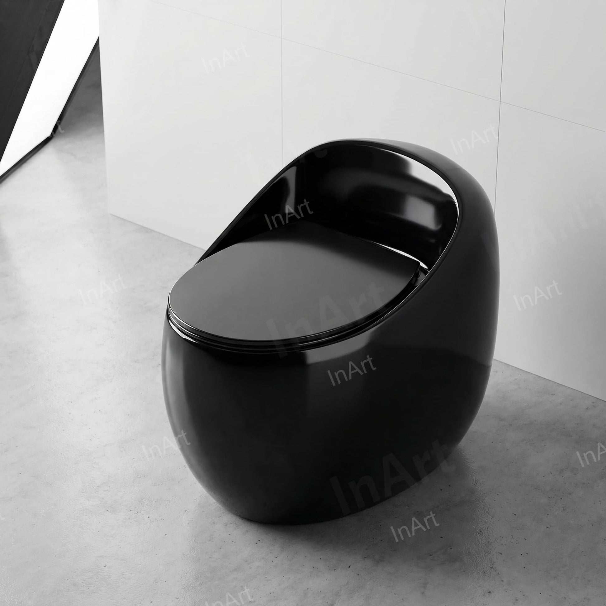 Glossy black western toilet commode in ceramic, sleek modern oval one piece design for Indian bathrooms