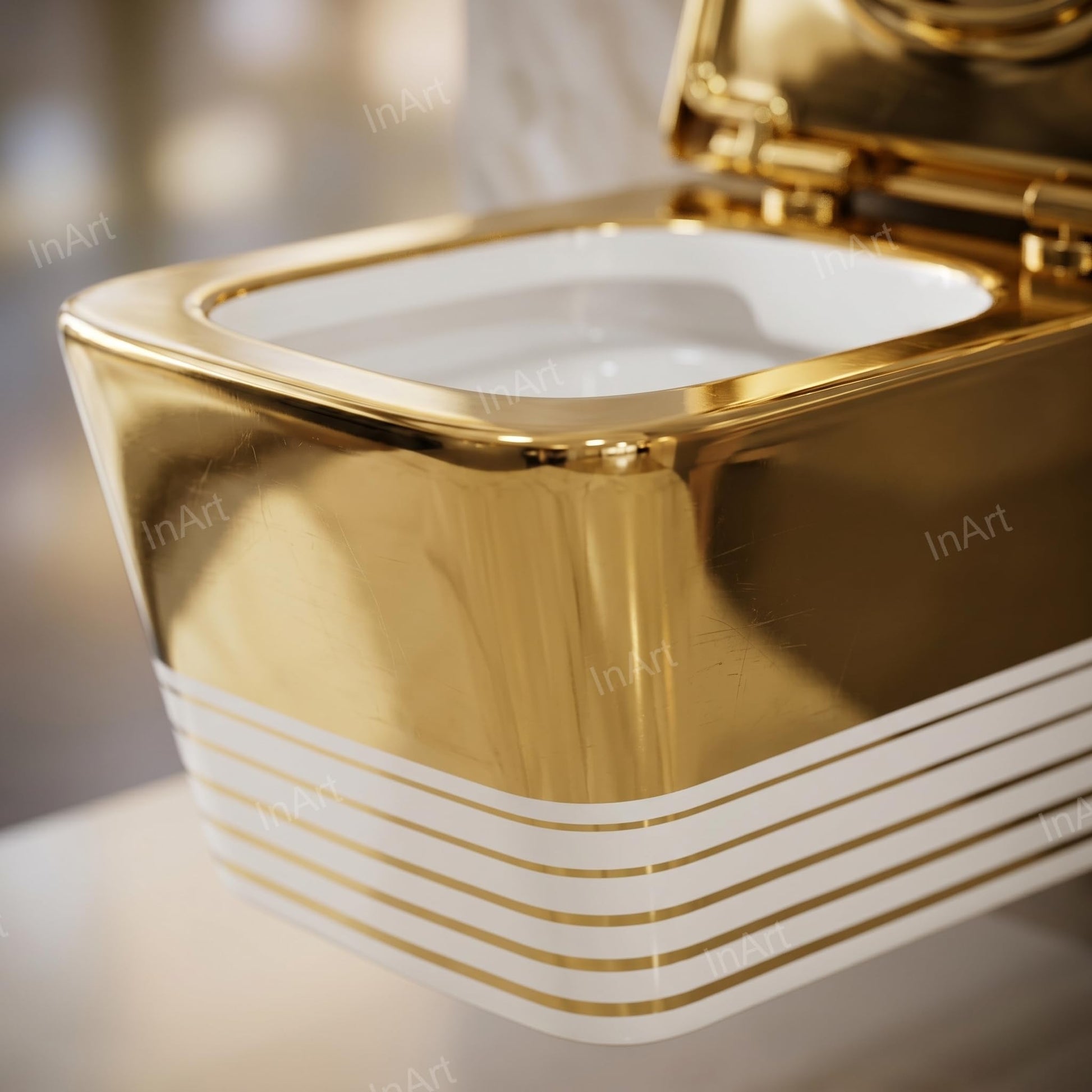 Square rim design close-up on ceramic wall mounted commode, premium white with golden accent finish