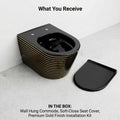 Designer wall mounted commode for modern bathroom interior, black golden ceramic wall hung western toilet