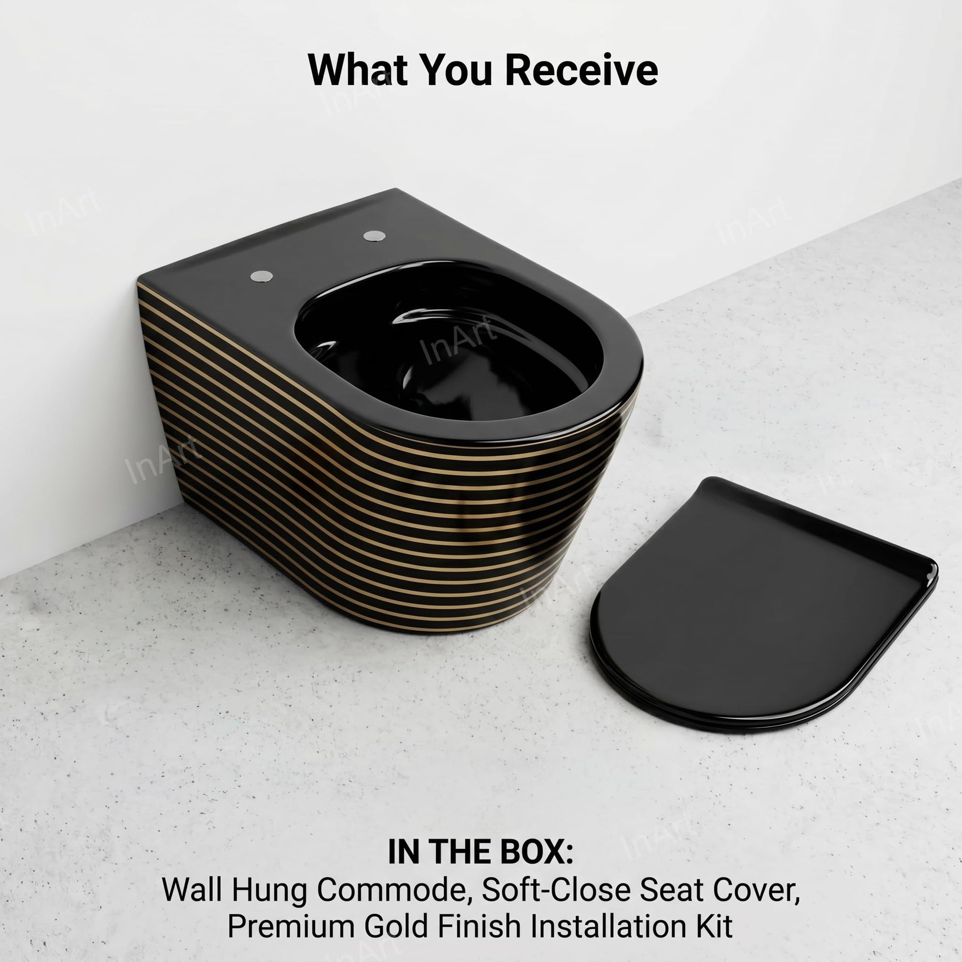 Designer wall mounted commode for modern bathroom interior, black golden ceramic wall hung western toilet