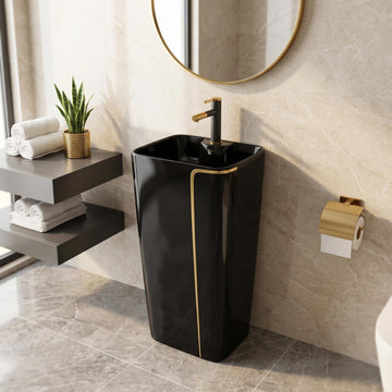InArt ceramic round pedestal wash basin design in matte black, one piece free standing basin front view