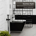 Underside view showing wall outlet P trap connection on black glossy ceramic wall hung western toilet commode