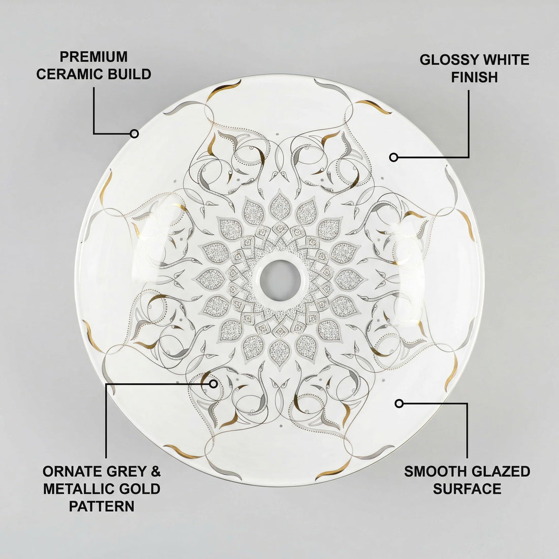 washbasindesign InArt ceramic round table top wash basin in glossy white with gold rim, main view