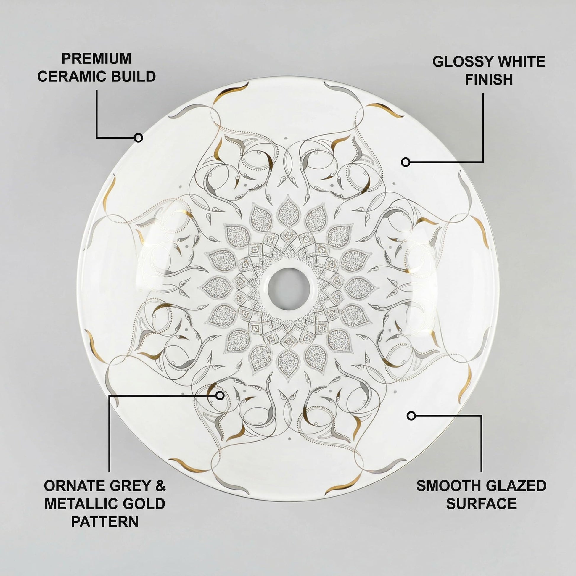 InArt designer table top basin in white and gold, 3/4 angle view for modern bathroom washroom