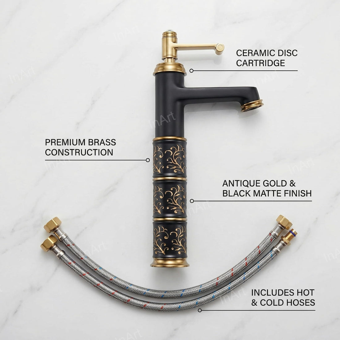InArt single lever basin mixer tap in brass, high neck tall body design with gold black matte finish