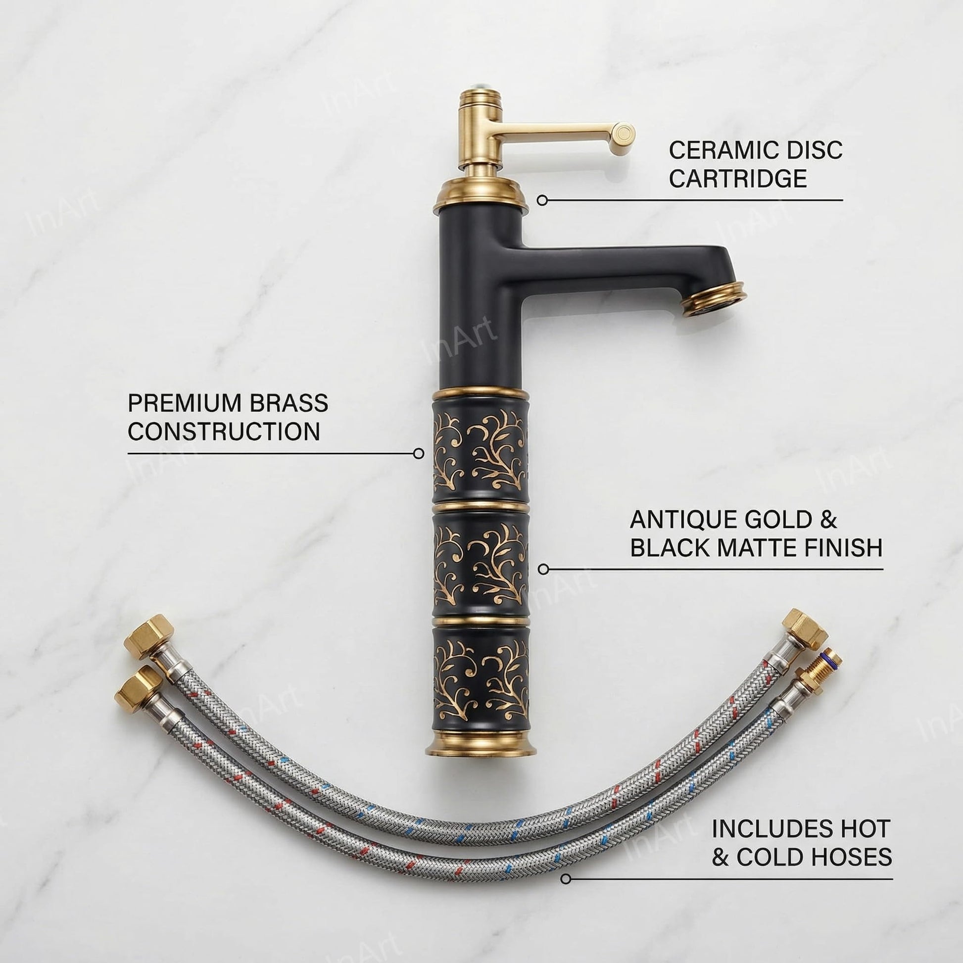 Modern bathroom wash basin mixer single lever tap, high neck tall body, gold black matte, angled view