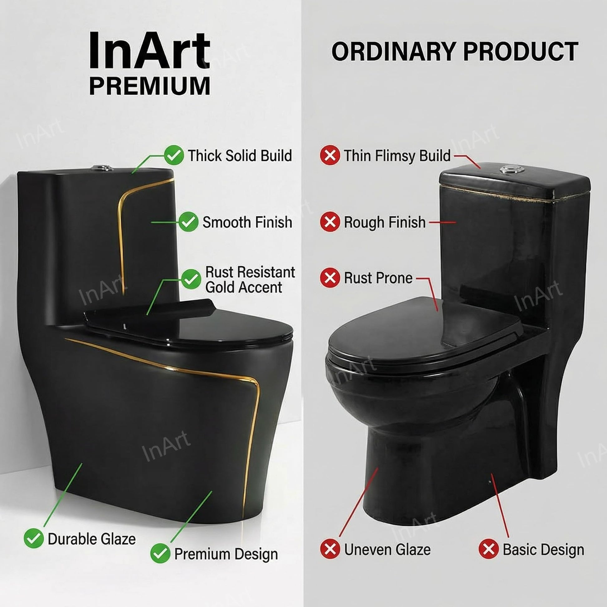 Close-up of glossy black gold surface finish on ceramic sanitaryware
