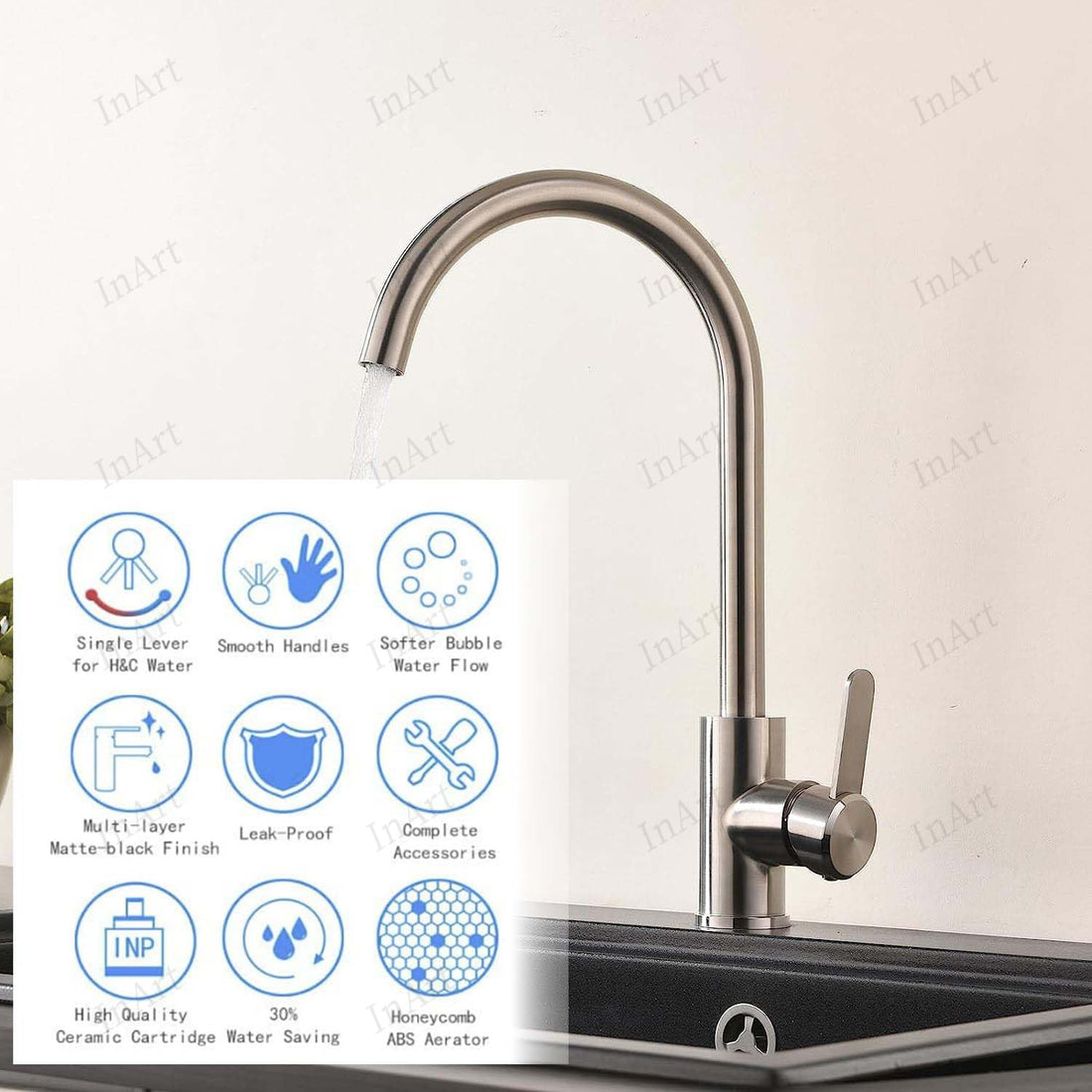 InArt wash basin mixer tap in SS 304, brushed chrome swan neck with 360 degree swivel spout