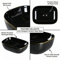 Modern contemporary bathroom sink design, glossy black gold ceramic rectangular table top wash basin, side angle