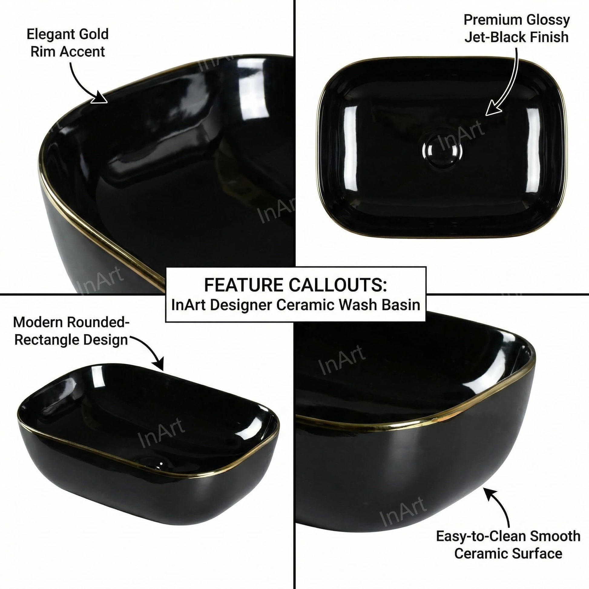 Modern contemporary bathroom sink design, glossy black gold ceramic rectangular table top wash basin, side angle