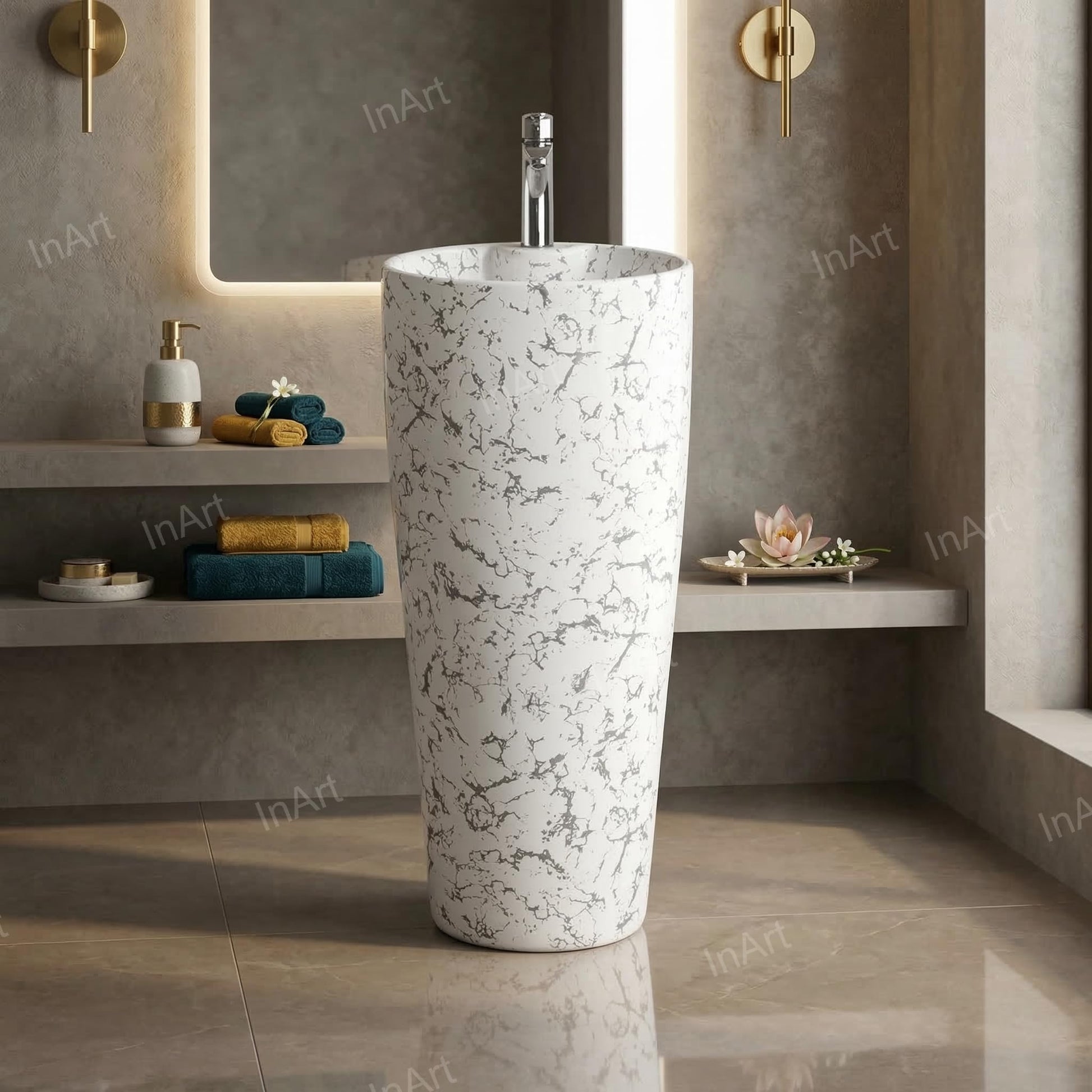 InArt wash basin single piece pedestal with glazed easy-clean ceramic, close-up of rim and bowl