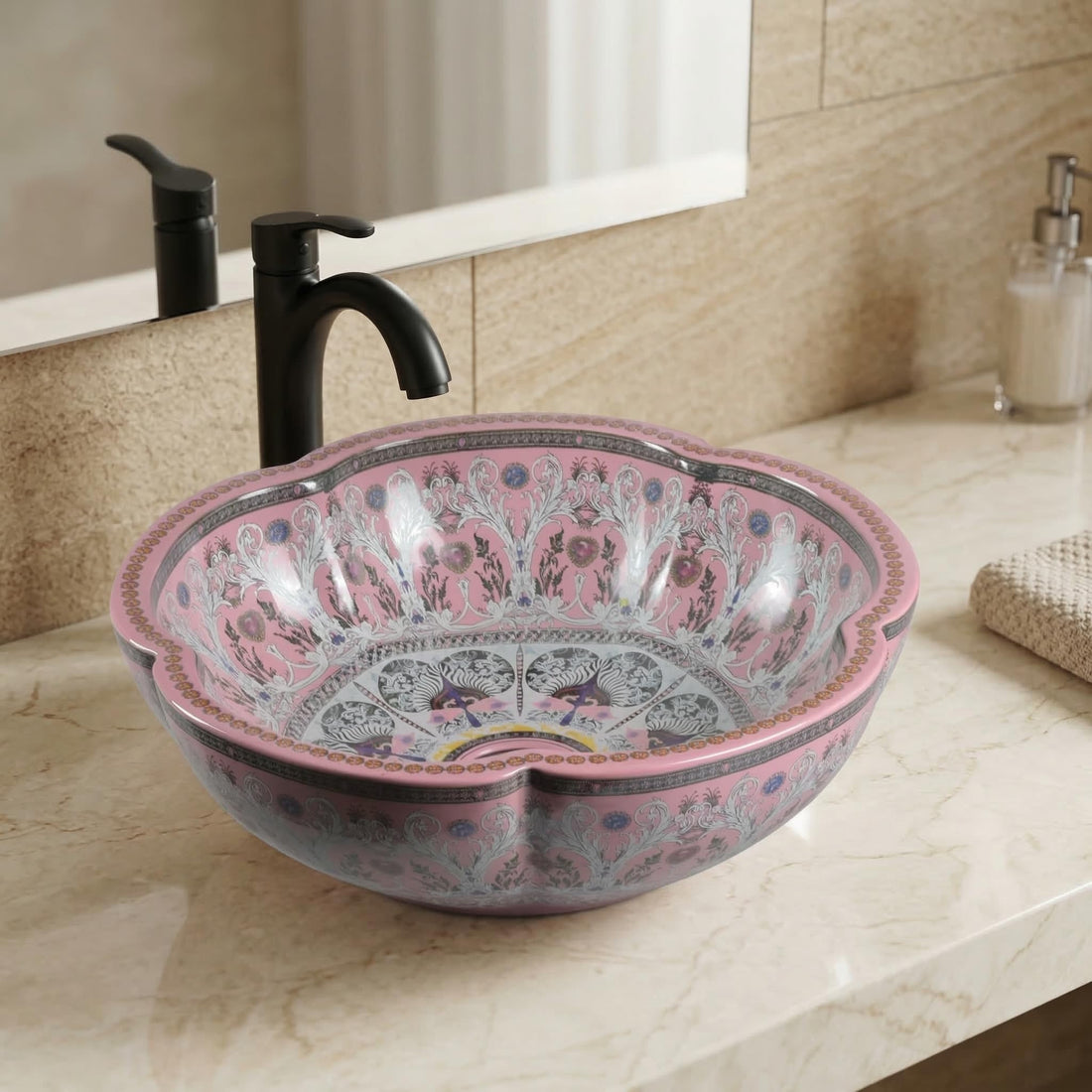 InArt ceramic table top wash basin design, round glossy pink over counter basin, front view
