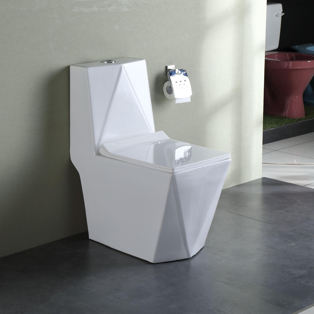 InArt ceramic one piece western toilet commode in glossy white, oval design with P-trap, front view