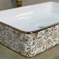 Rectangular ceramic table top wash basin counter design with tap hole, glossy white inner bowl and gold exterior