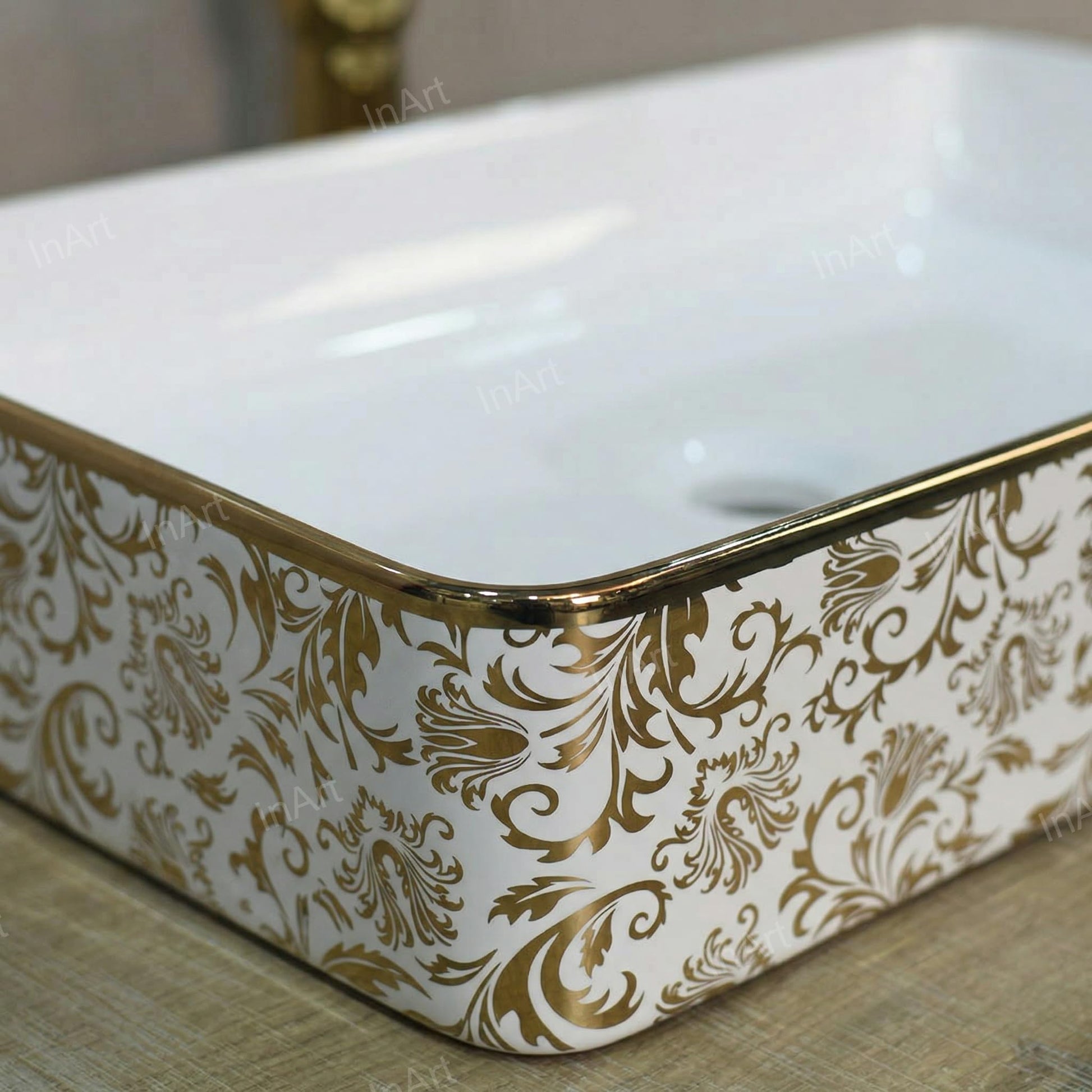 Rectangular ceramic table top wash basin counter design with tap hole, glossy white inner bowl and gold exterior