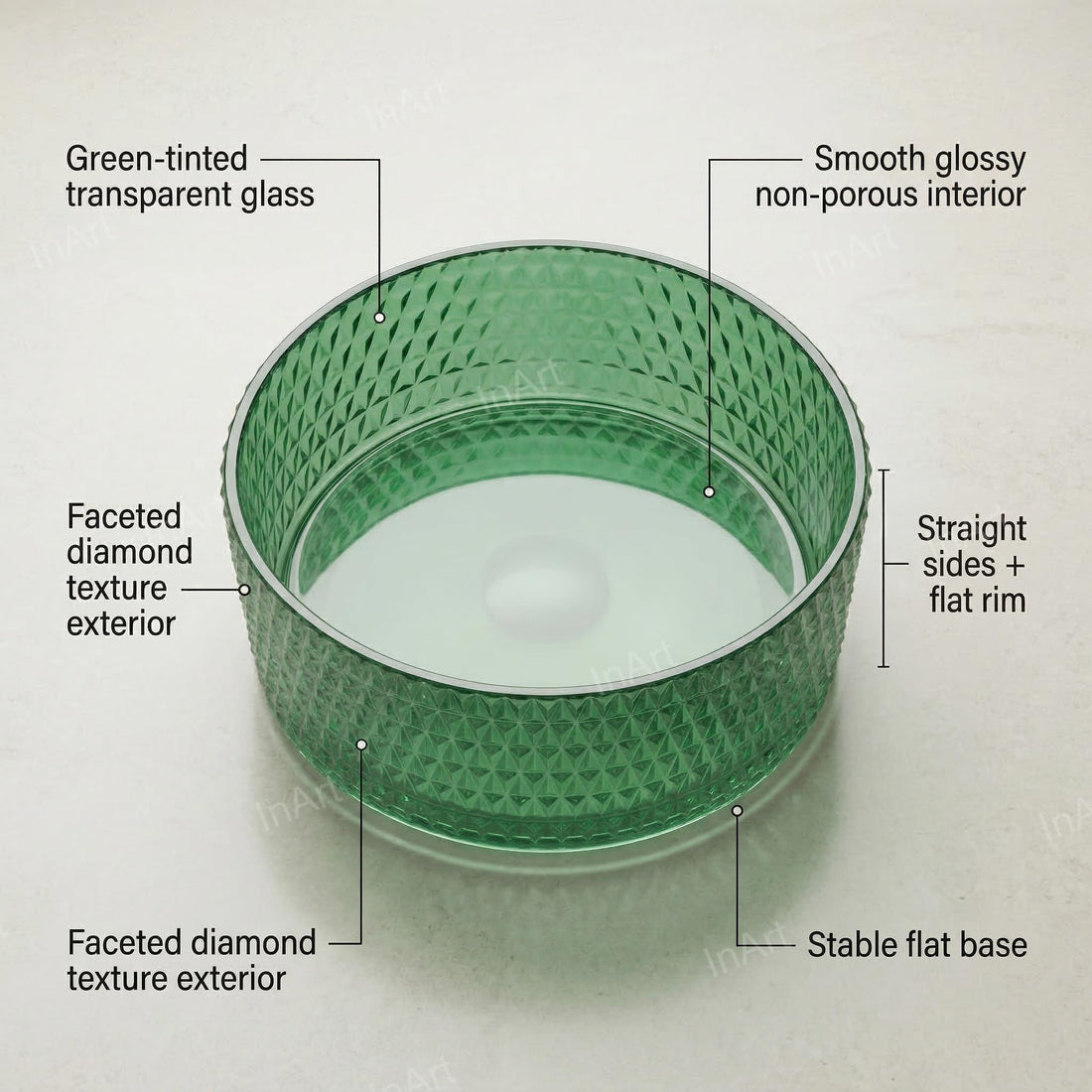 Hindware table top wash basin style by InArt, round green glass tabletop basin, glossy finish