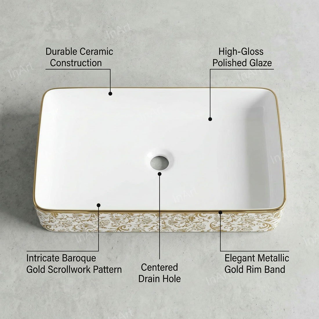 InArt table top wash basin design, ceramic rectangular basin with golden floral finish and glossy white bowl