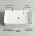 Designer ceramic table top basin design in gold floral, rectangular wash basin angled view for modern bathroom