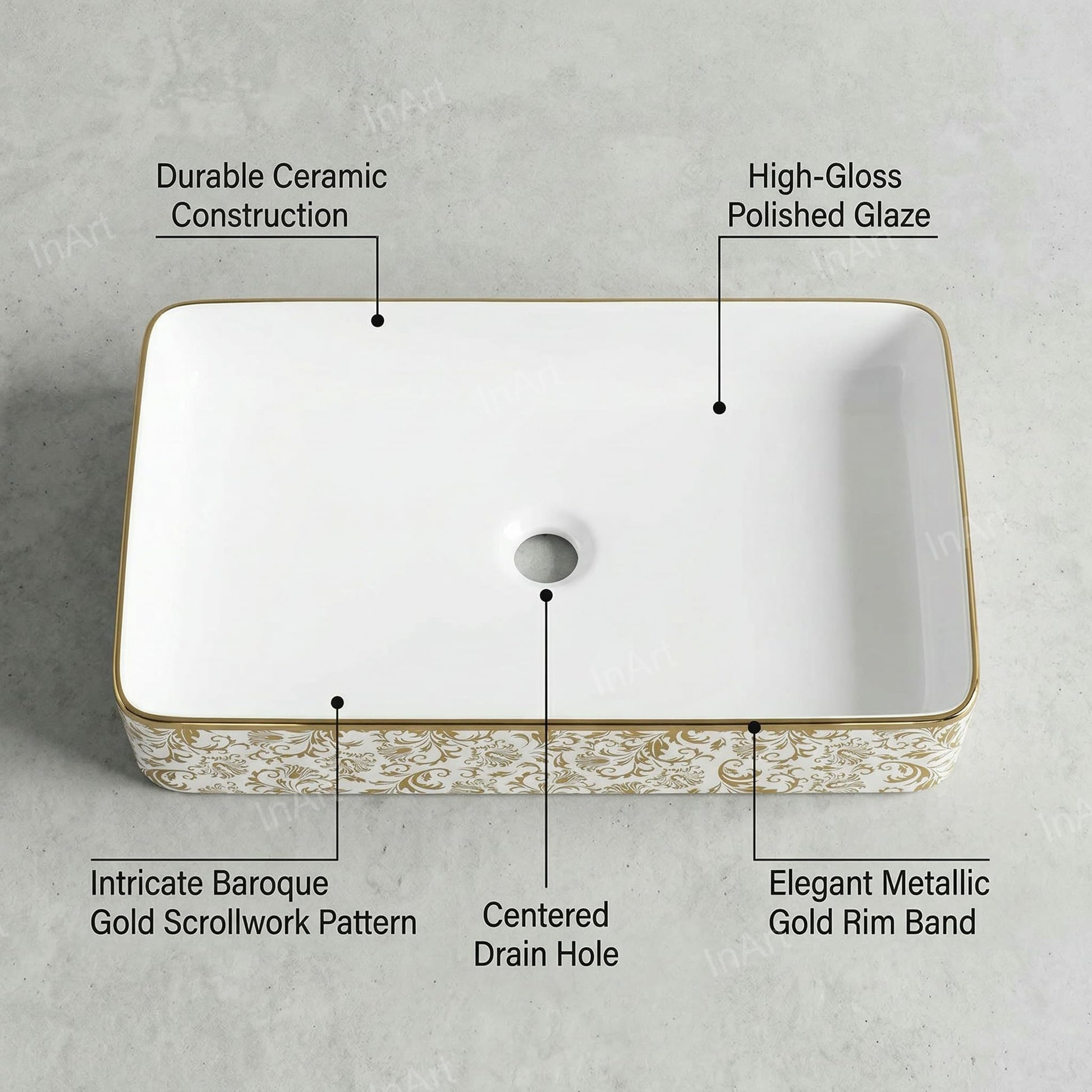Designer ceramic table top basin design in gold floral, rectangular wash basin angled view for modern bathroom