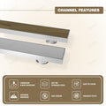 Close-up of InArt dual insert shower drain channel showing tile insert slot and brushed 304 steel edges
