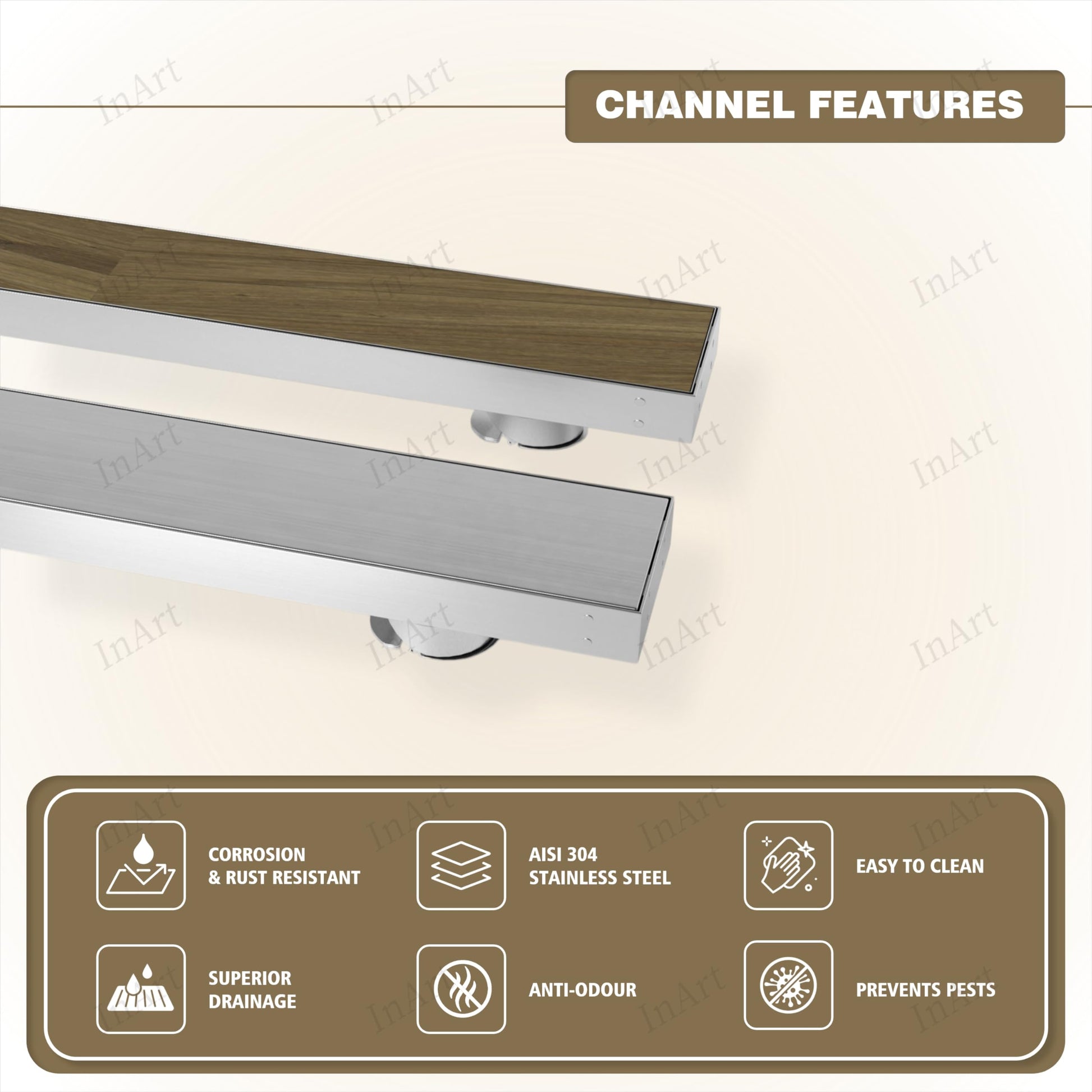 Close-up of InArt dual insert shower drain channel showing tile insert slot and brushed 304 steel edges