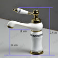 Modern washbasin tap design with waterfall spout, white gold glossy basin mixer single lever, side angle