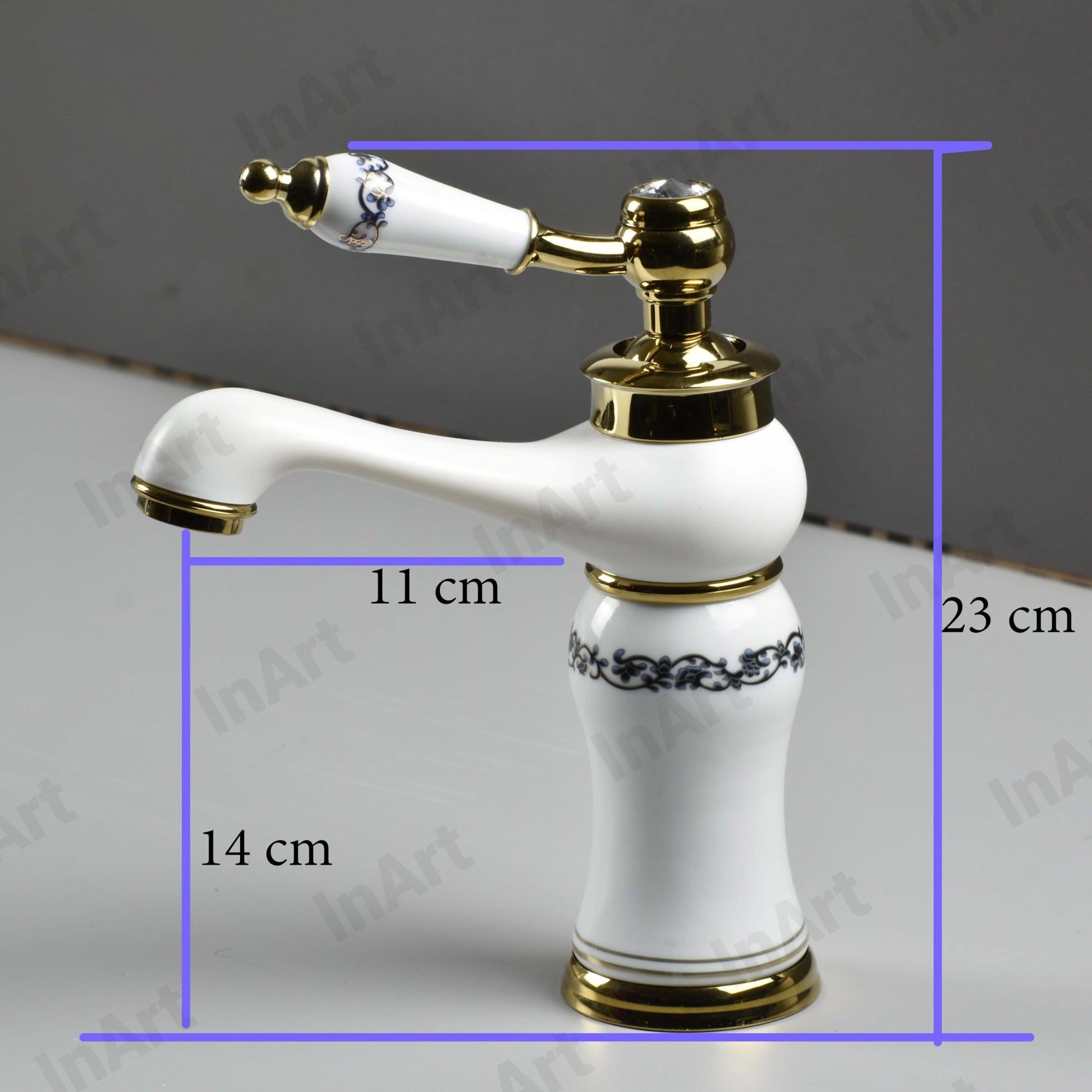 Modern washbasin tap design with waterfall spout, white gold glossy basin mixer single lever, side angle