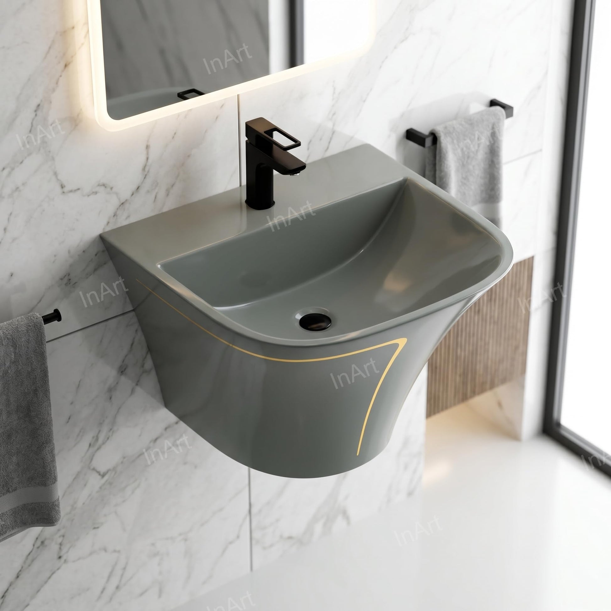 InArt half pedestal wash basin close-up showing slim rim and glossy grey ceramic finish for bathroom wall mount