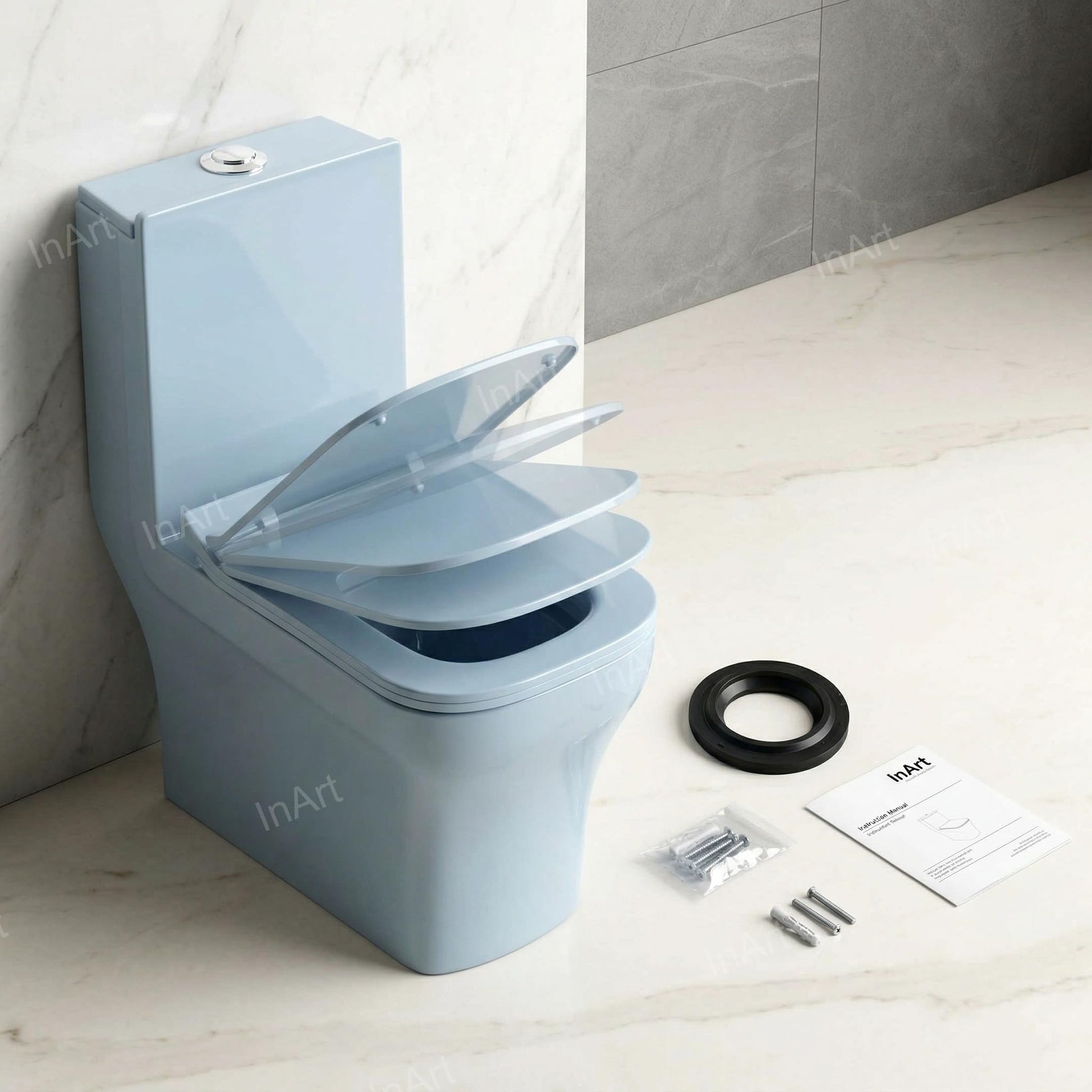 InArt single piece western commode installed in a modern bathroom, light blue glossy ceramic with soft close seat