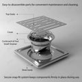 Square floor trap jali 5x5 inch in 304 grade stainless steel, angled view with glossy finish