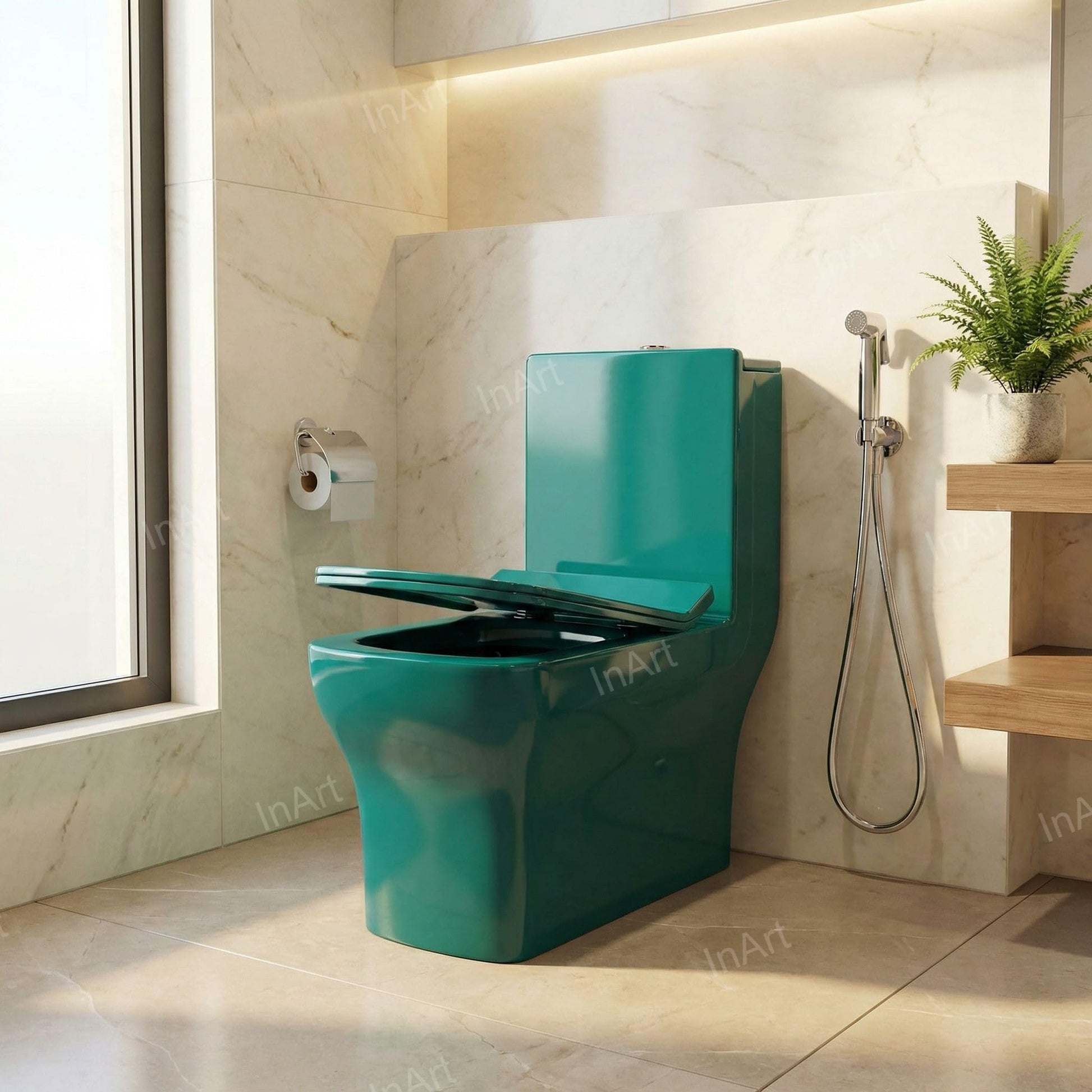 S trap one piece toilet with 9 inch rough in, green ceramic floor mounted western toilet commode bottom outlet detail