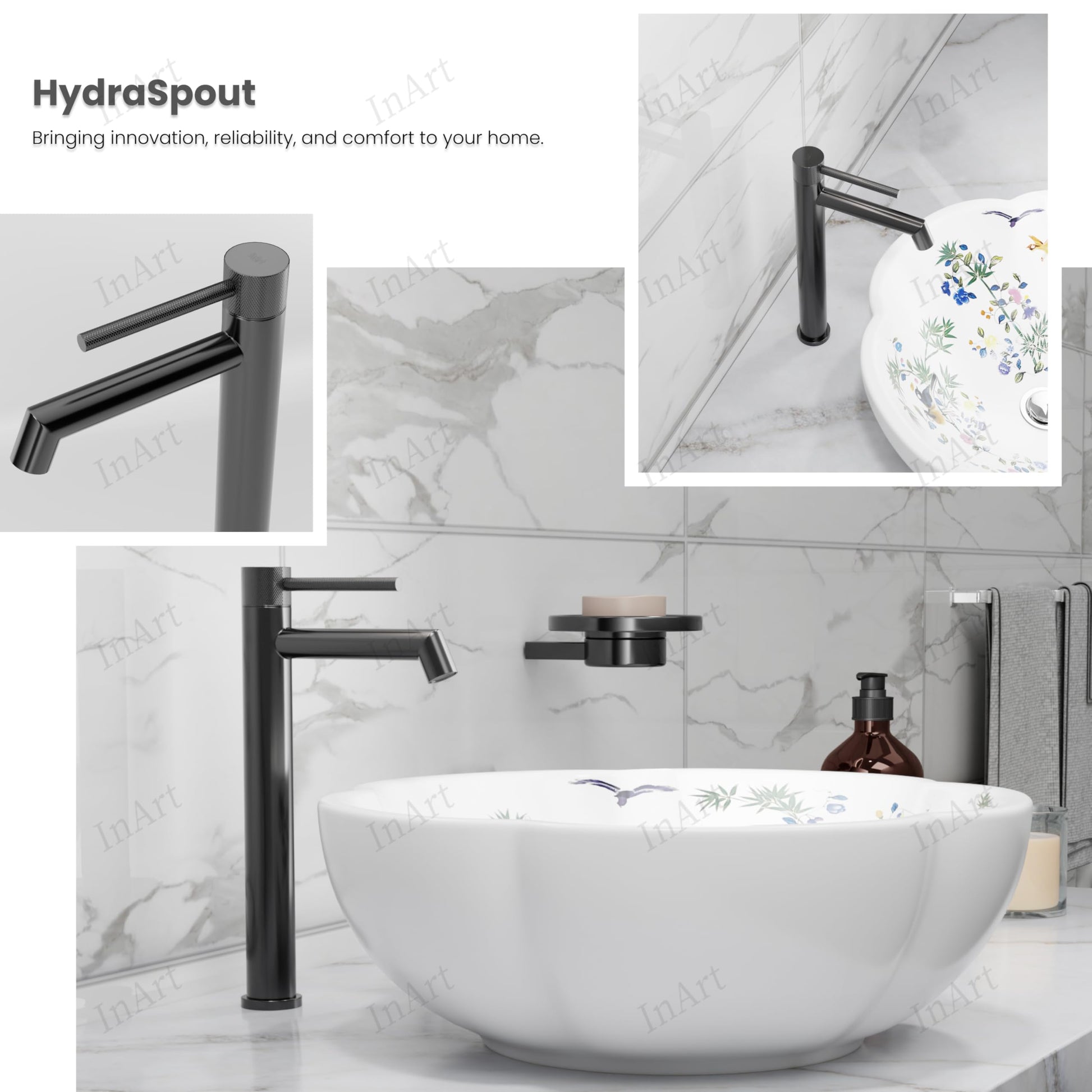InArt SS 304 extra tall pillar tap installed on table top wash basin, modern bathroom interior look in gun grey
