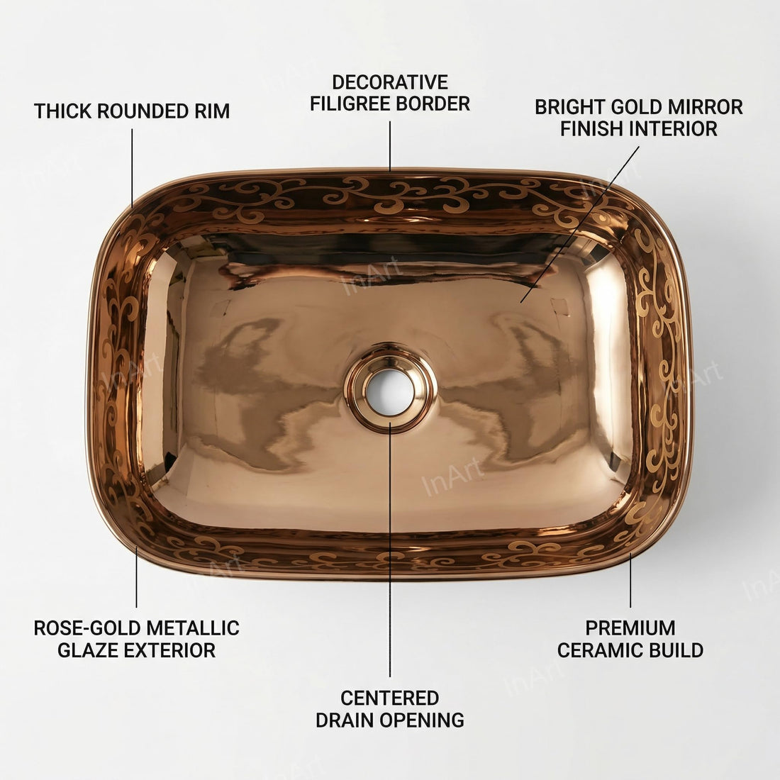 InArt ceramic table top wash basin, rectangular rose gold finish, modern counter top basin front view