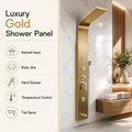 Bathroom shower panel set in matte gold, angled view with 3 body jets and tub spout on rectangular steel panel