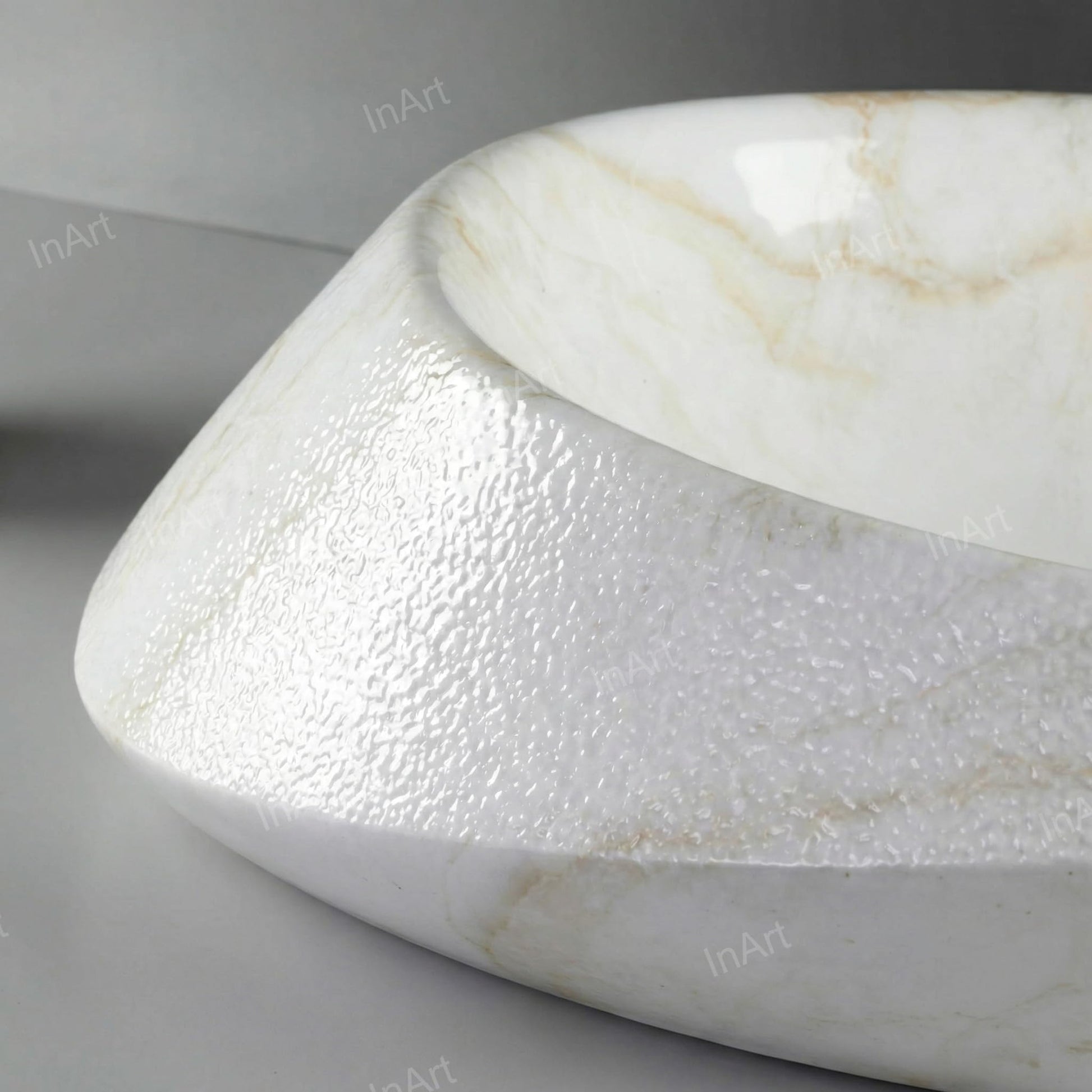 Marble finish ceramic table top wash basin for bathroom or living room, oval countertop basin with tap hole view