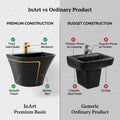Premium sanitaryware wall hung wash basin in glossy black, rectangular slim rim, top view of basin surface