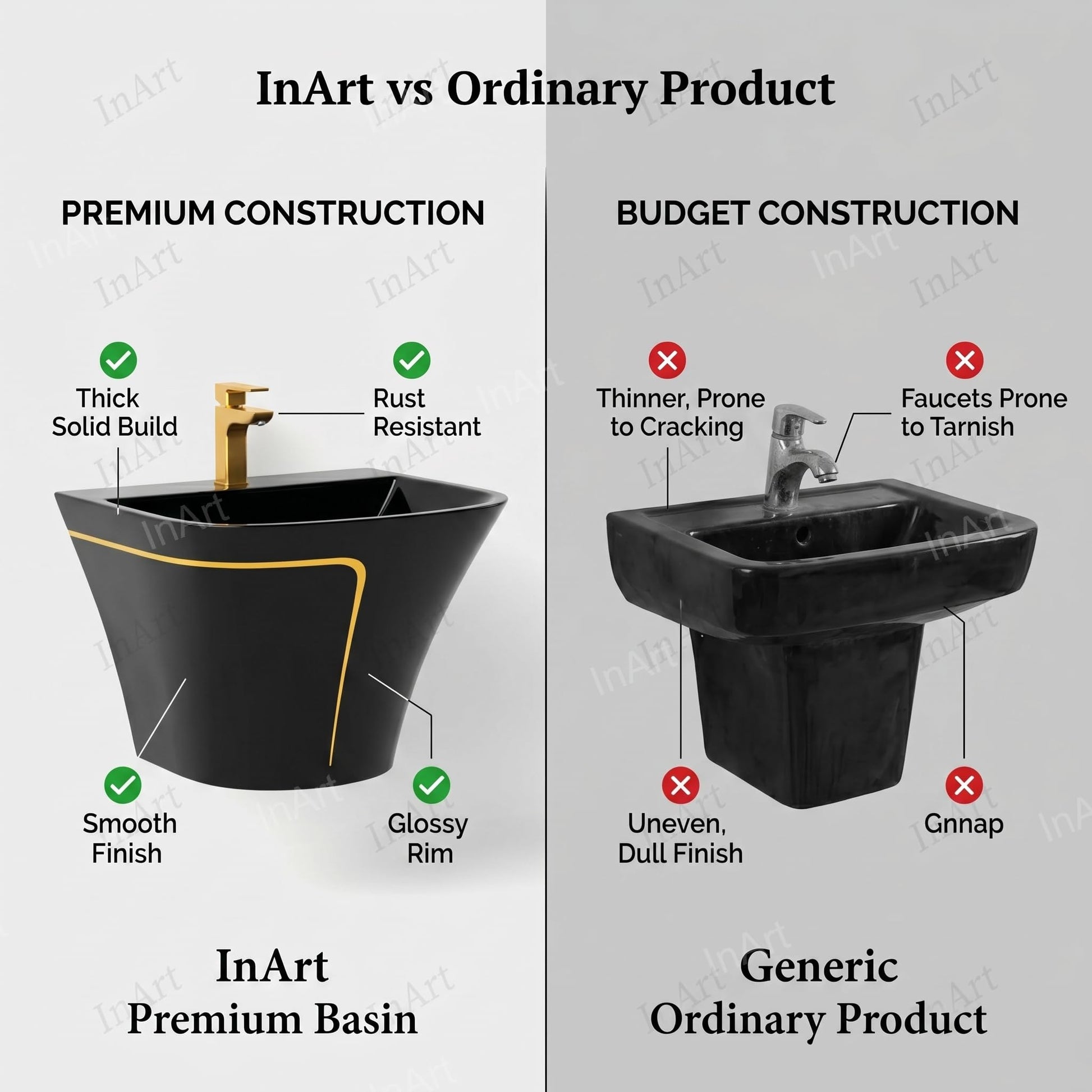 Premium sanitaryware wall hung wash basin in glossy black, rectangular slim rim, top view of basin surface